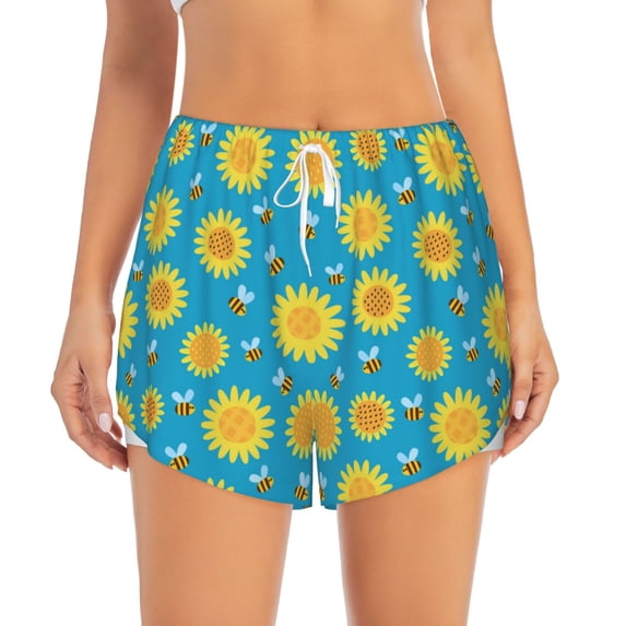 Disketp Bee Sunflower Print Women's Shorts Workout Shorts for Athletic Gym Running Shorts with Phone Pockets Large