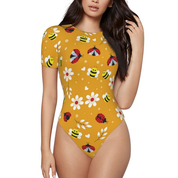 Disketp Bees And Ladybug for Women's Short-Sleeved Onesie Fit Top T-Shirt Round Neck Basic Casual T-shirt Bodysuits-Small