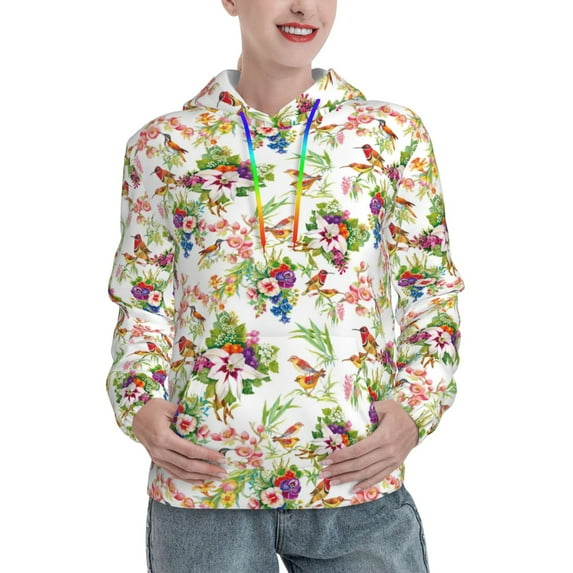 Disketp Birds And Flowers Womens Casual Hoodies Crew Neck Long Sleeve Sweatshirts Pullover Tops-XX-Large