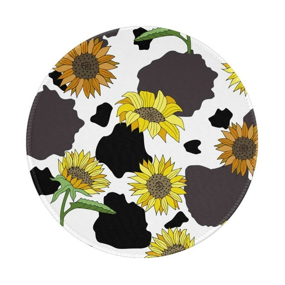 Disketp Black Cow Print With Sunflowers Country Small Mouse Pad 7.9x7.9 Inches,Washable Round Mousepad For Office Laptop Computer,Non-Slip Rubber Base Mouse Pads For Wireless Mouse