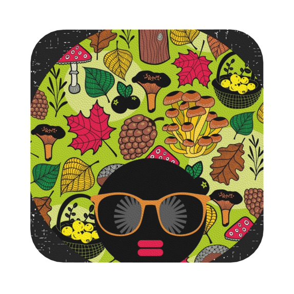 Disketp Black Head Woman With Mushroom Hair Funny Coasters,6 Pcs Leather Coasters With Holder, Perfect Housewarming Hostess Gifts,Protect Furniture From Water Marks Scratch And Damage