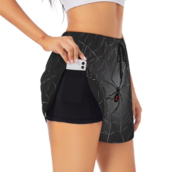 Disketp Black Spider On Web Print Women's Shorts Workout Shorts for Athletic Gym Running Shorts with Phone Pockets Large