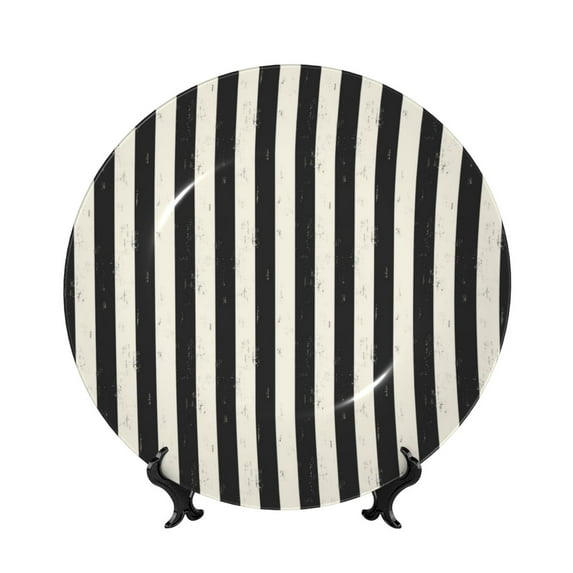 Disketp Black And White Thick Stripes Ceramic Plate Dinner Plates Bone China Decorative Plates Art Ceramic Ornaments for Wall Hanging Decoration -10in