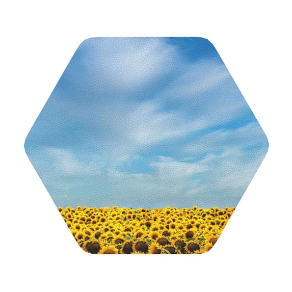 Disketp Blooming Sunflower Field Funny Coasters,4 Pcs Leather Coasters With Holder, Perfect Housewarming Hostess Gifts,Protect Furniture From Water Marks Scratch