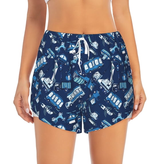 Disketp Blue Bus Print Women's Shorts Workout Shorts for Athletic Gym Running Shorts with Phone Pockets X-Large