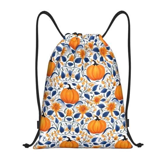 Disketp Blue Orange Pumpkin fall Drawstring Backpack Drawstring Gym Bags Draw String Bags for Sports, Gym, Travel, Swimming, Beach-Small