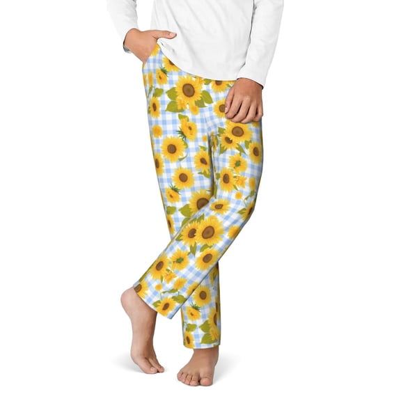 Disketp Blue White Plaid Sunflower for Teenagers' Pajama Pants ,Lounge Pants Teen joggers Ideal for Home, School, or Sports-XS(5-6)