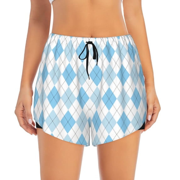 Disketp Blue and White Squares Print Women's Shorts Workout Shorts for Athletic Gym Running Shorts with Phone Pockets Large