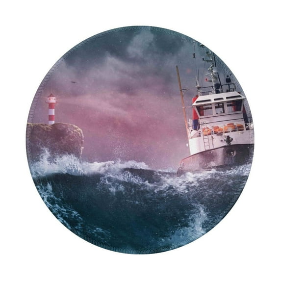 Disketp Boat Lighthouse Storm Waves Small Mouse Pad 7.9x7.9 Inches,Washable Round Mousepad For Office Laptop Computer,Non-Slip Rubber Base Mouse Pads For Wireless Mouse