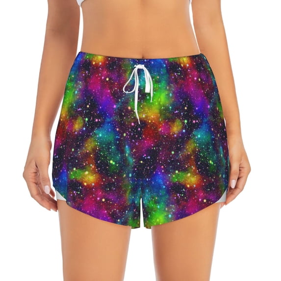 Disketp Bright Universe Print Women's Shorts Workout Shorts for Athletic Gym Running Shorts with Phone Pockets X-Large