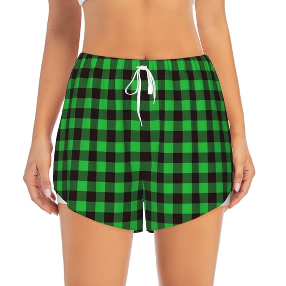Disketp Buffalo Plaid Green Black Print Women's Shorts Workout Shorts for Athletic Gym Running Shorts with Phone Pockets X-Large