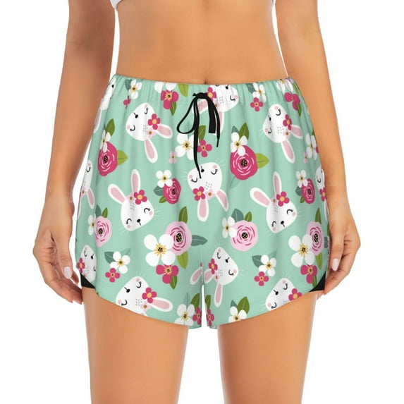 Disketp Bunny And Rose Print Women's Shorts Workout Shorts for Athletic Gym Running Shorts with Phone Pockets XX-Large