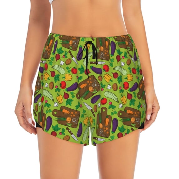 Disketp Carrot Eggplant Print Women's Shorts Workout Shorts for Athletic Gym Running Shorts with Phone Pockets X-Large