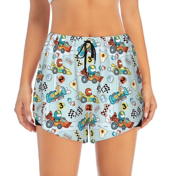 Disketp Cartoon Car Racing Print Women's Shorts Workout Shorts for Athletic Gym Running Shorts with Phone Pockets Small