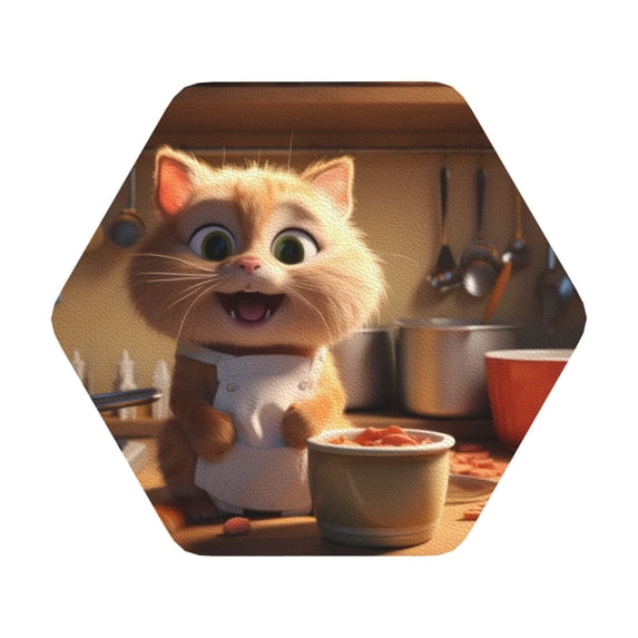 Disketp Cartoon Cooking Cat Funny Coasters,6 Pcs Leather Coasters with Holder, Perfect Housewarming Hostess Gifts,Protect Furniture from Water Marks Scratch and Damage,Hexagon