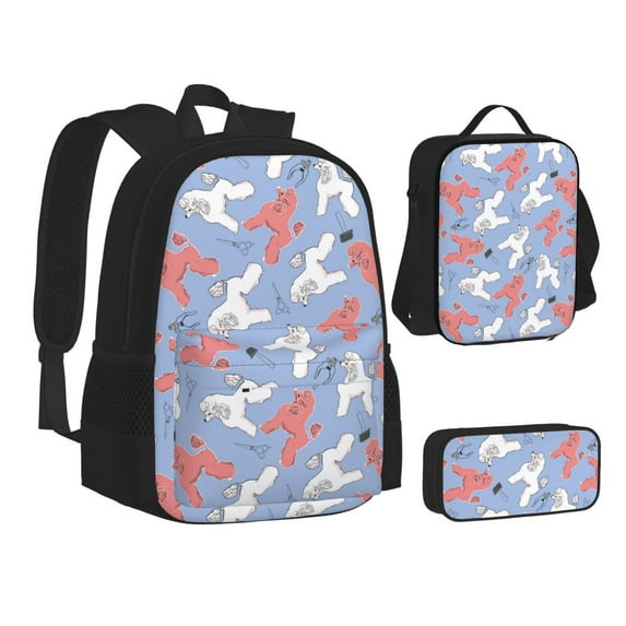 Disketp Cartoon Poodle Dog Large Capacity Backpack Lunch Bag Pencil Case Combination 3 Piece Set for Student