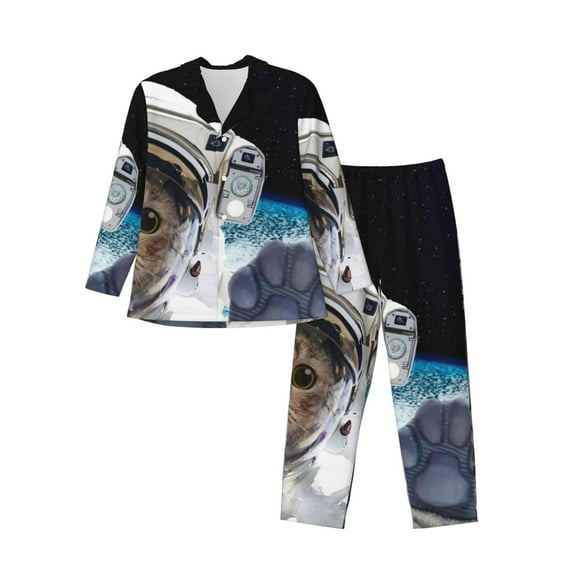 Disketp Cat Astronaut Mens Pajama Set, Soft Warm Long Sleeve Sleepwear, Cozy Button-Down Pjs for Men-X-Large
