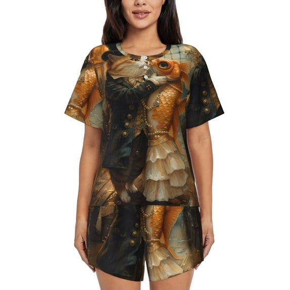 Disketp Cat Fish Dance Vintage for 2 Piece Shorts Sleepwear Women's Short-Sleeved Pajama Set Round Neck Pjs-3X-Large