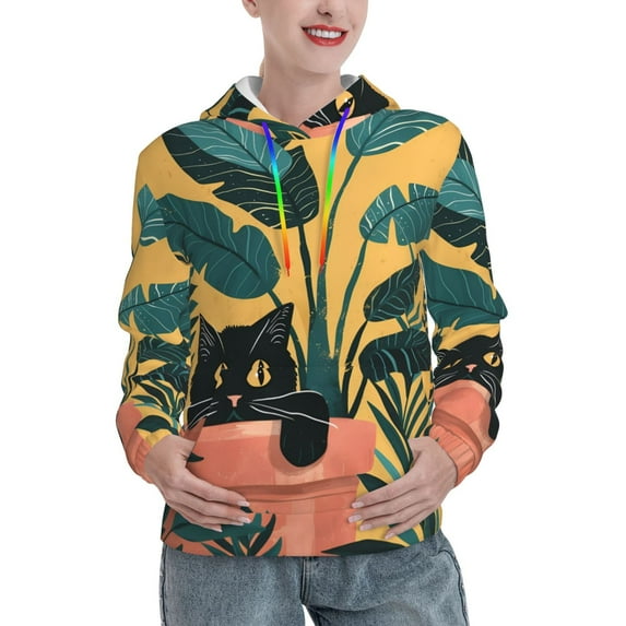 Disketp Cat Hiding In Potted Plants Womens Casual Hoodies Crew Neck Long Sleeve Sweatshirts Pullover Tops-X-Large