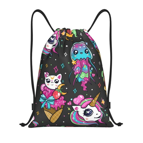 Disketp Cat Icecream Drawstring Backpack Drawstring Gym Bags Draw String Bags for Sports, Gym, Travel, Swimming, Beach-Small