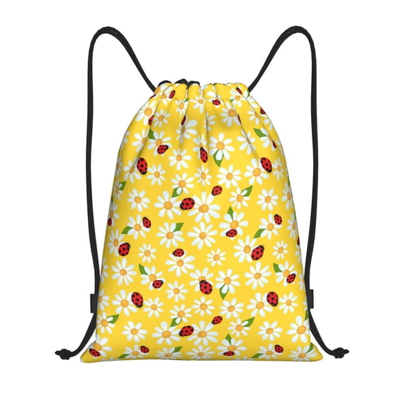 Disketp Chamomile And Ladybug Drawstring Backpack Drawstring Gym Bags Draw String Bags for Sports, Gym, Travel, Swimming, Beach-Medium