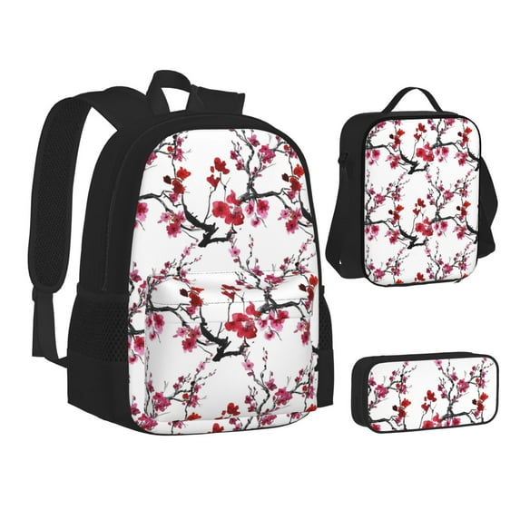 Disketp Cherry Blossoms Large Capacity Backpack Lunch Bag Pencil Case Combination 3 Piece Set for Student