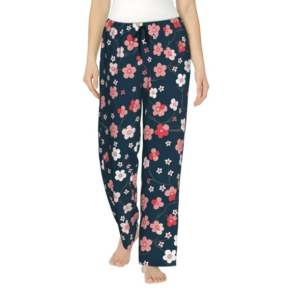 Disketp Cherry Blossoms Print Women's Comfy Pajama Pants Casual Drawstring Palazzo Lounge Wide Leg Pants