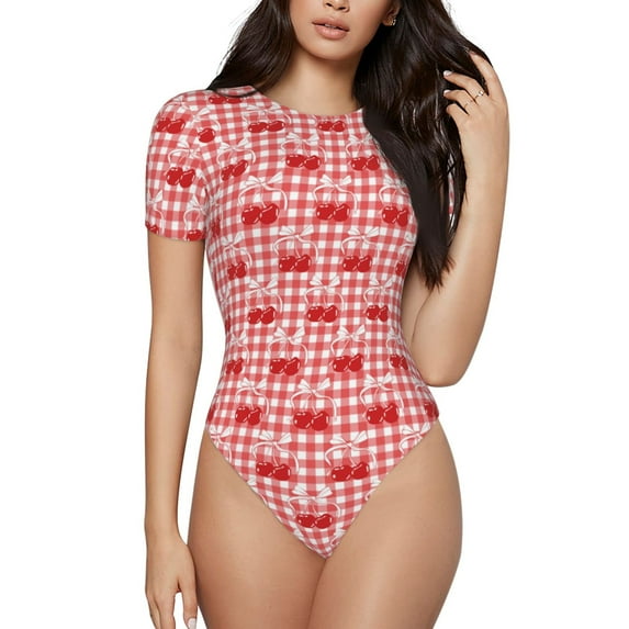 Disketp Cherry Bow for Women's Short-Sleeved Onesie Fit Top T-Shirt Round Neck Basic Casual T-shirt Bodysuits-Large