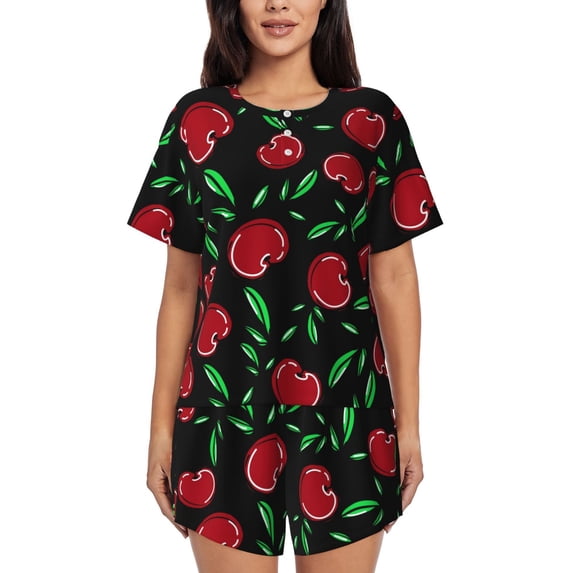 Disketp Cherry for 2 Piece Shorts Sleepwear Women's Short-Sleeved Pajama Set Round Neck Pjs-4X-Large