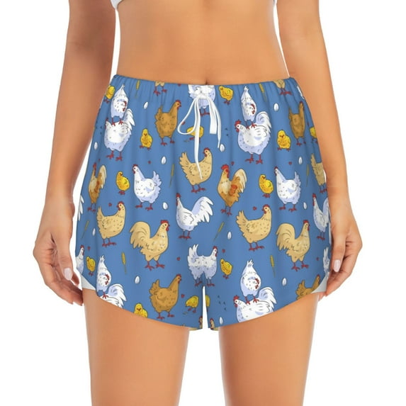 Disketp Chicken Family Print Women's Shorts Workout Shorts for Athletic Gym Running Shorts with Phone Pockets Medium