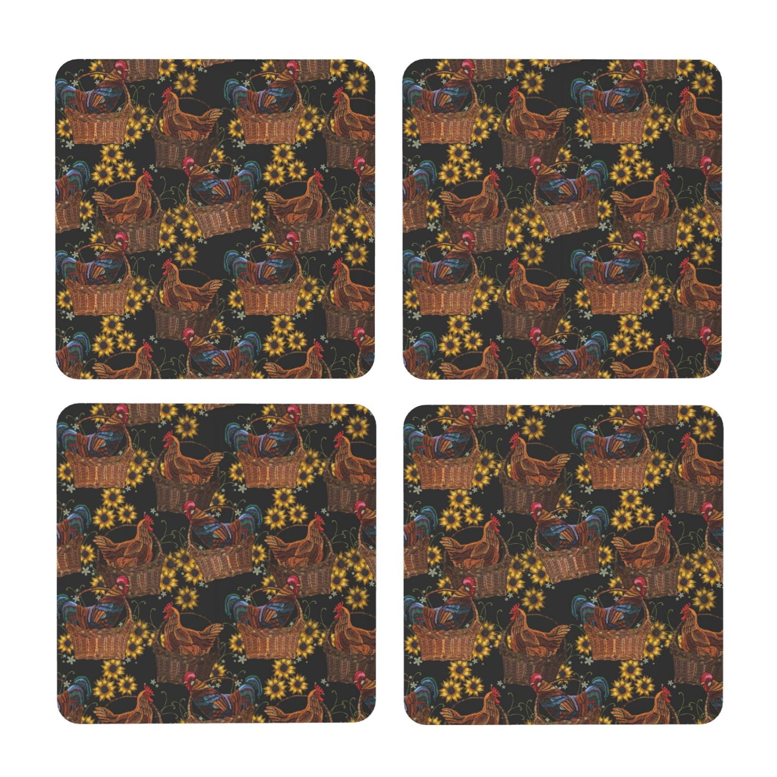 Disketp Chicken Rooster MDF Cork Coaster 4 Pcs - Absorbent Beverage ...