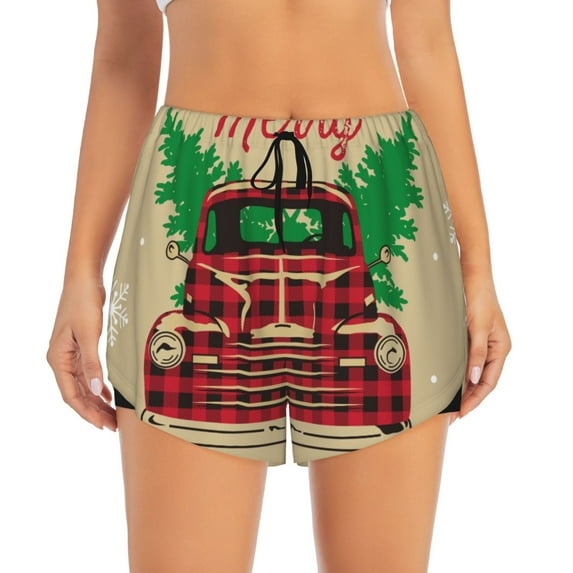 Disketp Christmas Vintage Red Truck Print Women's Shorts Workout Shorts for Athletic Gym Running Shorts with Phone Pockets Small
