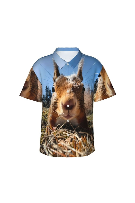 Close-Up Curious Squirrel Hawaiian Shirts for Men,Mens Casual Short Sleeve Button Down Shirts Beach Shirt,XX-Large