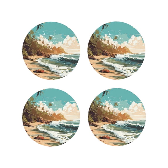 Disketp Coastal Palm Beach Funny Coasters,4 Pcs Leather Coasters with Holder, Perfect Housewarming Hostess Gifts,Protect Furniture from Water Marks Scratch and Damage-Round Shape