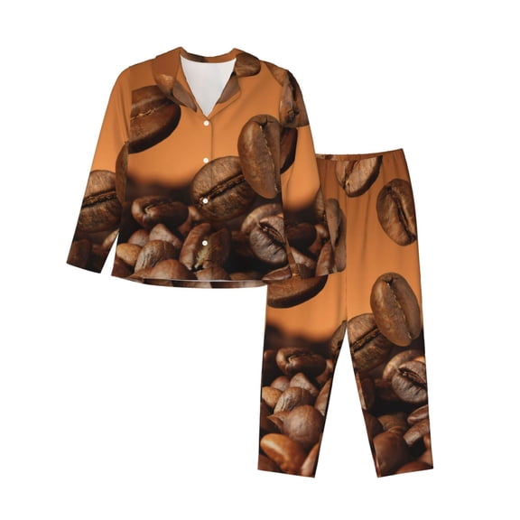 Disketp Coffee Beans Pajamas Set Long Sleeve Sleepwear Womens Button Down Nightwear Pj Sets-{designName}-Large