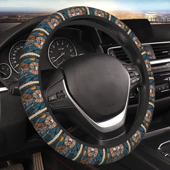 Disketp Coffee-Drinking Skull Elastic Microfiber Steering Wheel Cover for Truck,SUV,Cars,Universal 15 inch,Anti-Slip