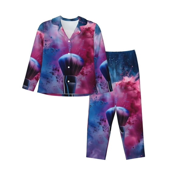 Disketp Color Explosion Makeup Brush Pajamas Set Long Sleeve Sleepwear Womens Button Down Nightwear Pj Sets-{designName}-XX-Large