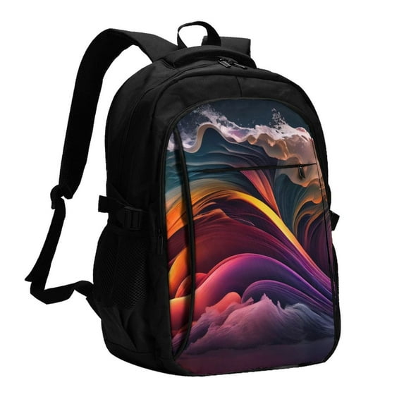 Disketp Colorful Abstract Wave Motion Travel Laptop Backpack, Laptops Backpack with USB Charging Port, Water Resistant Computer Bag Gift for Men & Women