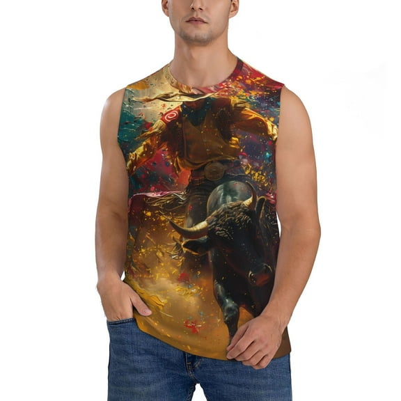 Disketp Colorful Bull Western Man Sleeveless Tshirts for Men, Muscle Shirts for Men Dry Fit Tank Top-X-Large