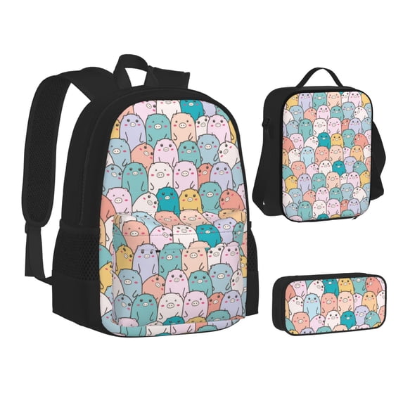 Disketp Colorful Cute Pig Large Capacity Backpack Lunch Bag Pencil Case Combination 3 Piece Set for Student