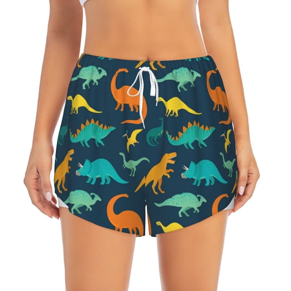 Disketp Colorful Dinosaur Print Women's Shorts Workout Shorts for Athletic Gym Running Shorts with Phone Pockets Large
