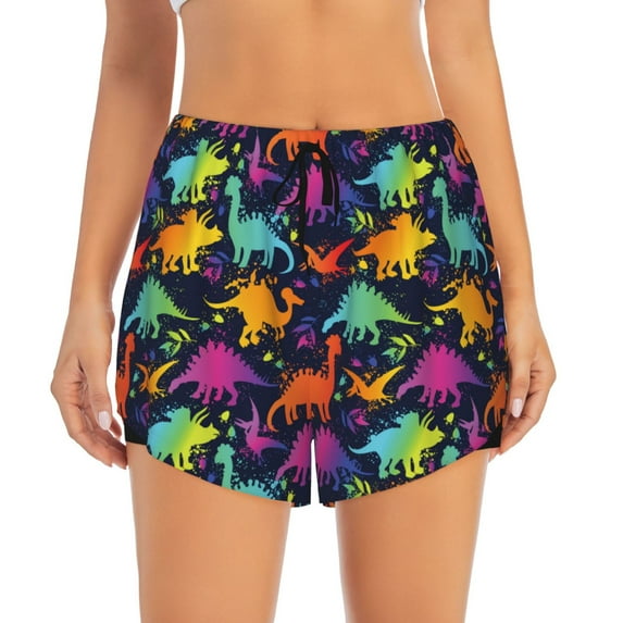 Disketp Colorful Dinosaur Print Women's Shorts Workout Shorts for Athletic Gym Running Shorts with Phone Pockets Medium