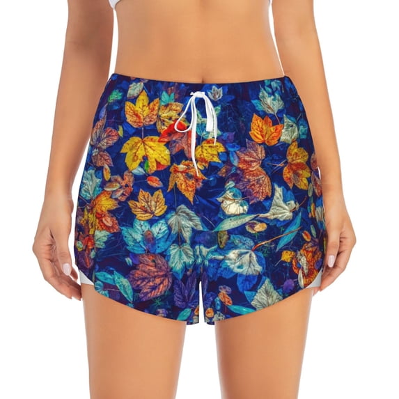Disketp Colorful Fall Leaves Print Women's Shorts Workout Shorts for Athletic Gym Running Shorts with Phone Pockets Medium