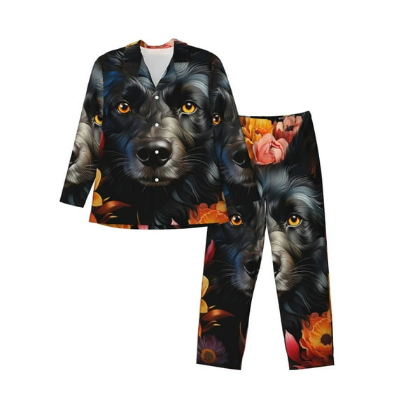 Disketp Colorful Floral Black Dog Mens Pajama Set, Soft Warm Long Sleeve Sleepwear, Cozy Button-Down Pjs for Men-Small