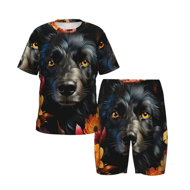 Disketp Colorful Floral Black Dog for Kids Short Sleeve Pajamas Kids Summer Pjs Children pajamas X Large