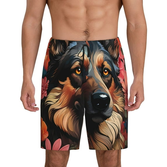 Disketp Colorful Flower German Shepherd for Men's Soft Sleep Pajama Shorts Lightweight Lounge Pant Sleep Pj with Elastic Waistband and Pockets-Medium