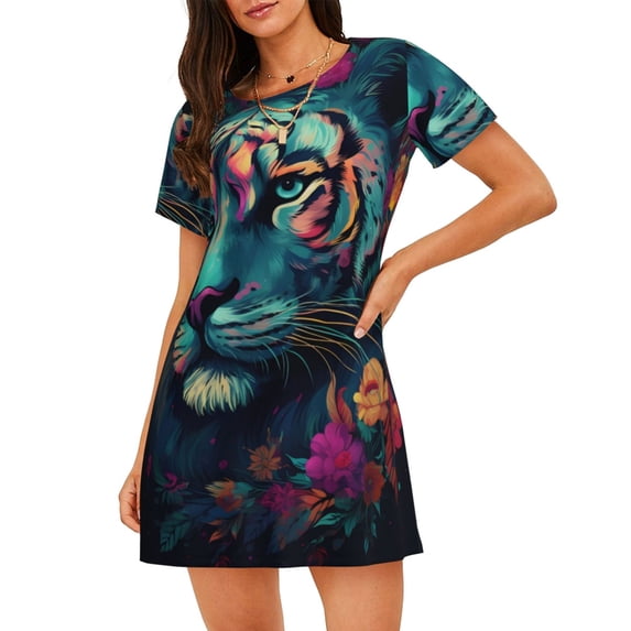 Disketp Colorful Flower Tiger for Womens Short Sleeve Sleepshirt Scoopneck Cute Nightdress Comfy Nightgown