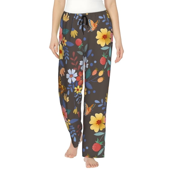 Disketp Colorful Flowers With Butterfly Print Women'S Comfy Pajama Pants Casual Drawstring Palazzo Lounge Wide Leg Pants