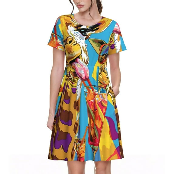Disketp Colorful Giraffes with Drinks for Women's Short Sleeve Dress Womens Summer Dresses Beach Casual Loose T-shirt