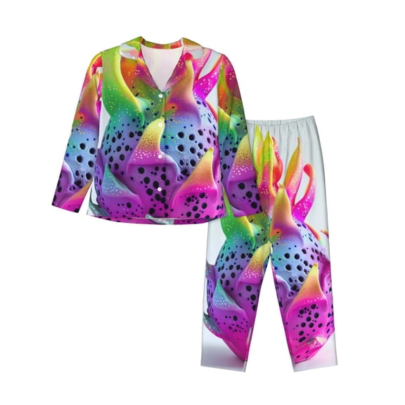 Disketp Colorful Glitter Dagon Fruit Pajamas Set Long Sleeve Sleepwear Womens Button Down Nightwear Pj Sets-{designName}-X-Large